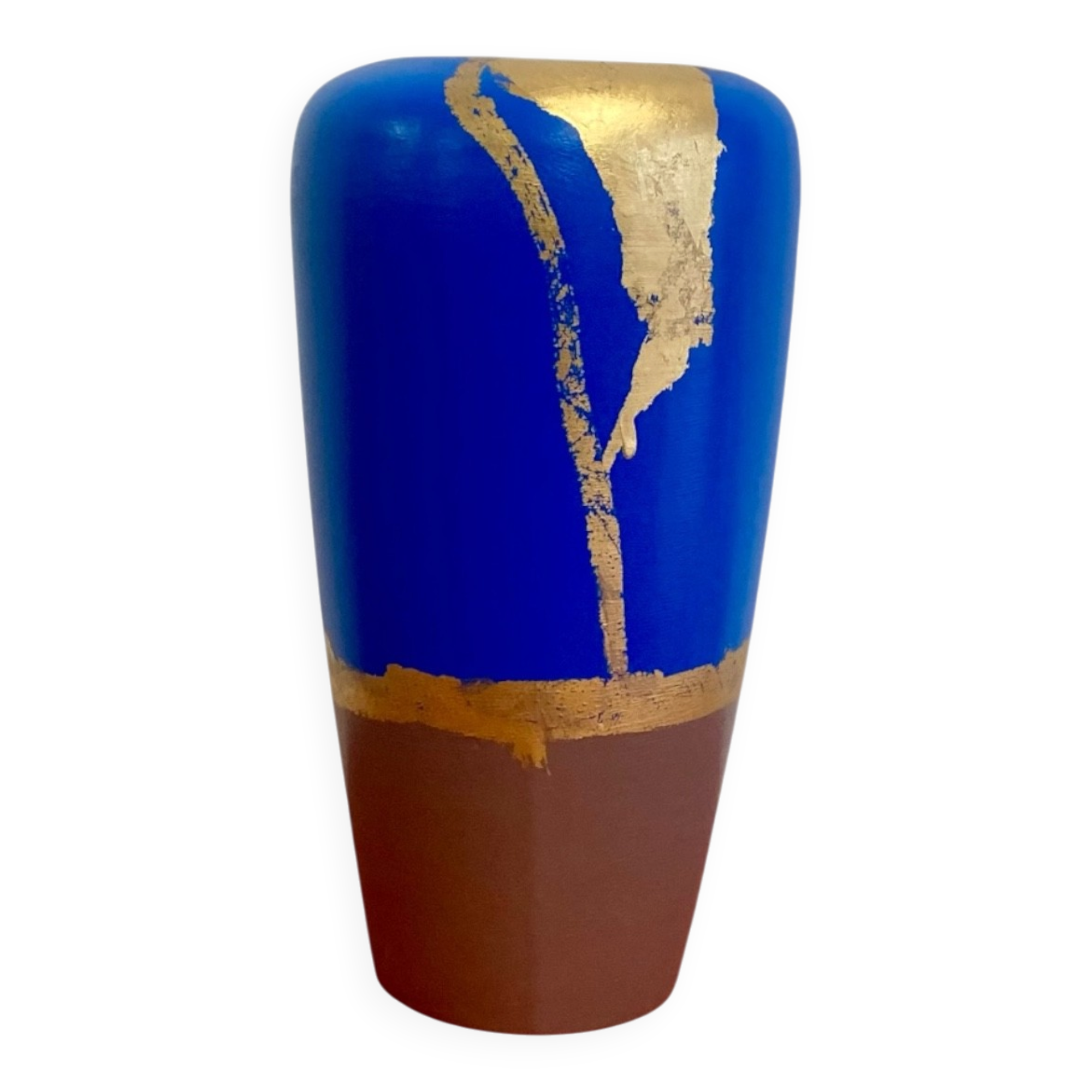 Electric blue and frosted brown decorative vase with gold leaf.