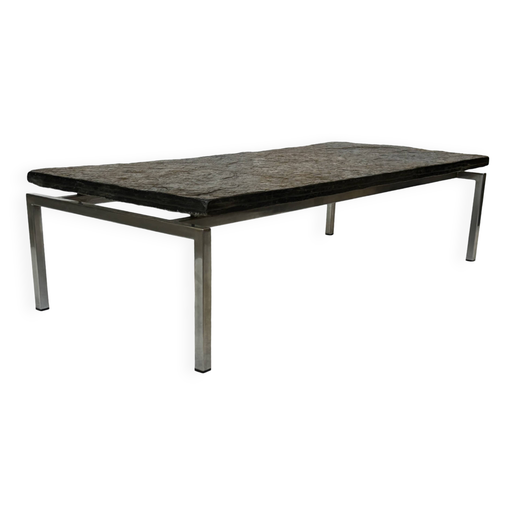 Table basse vintage brutaliste en pierre avec cadre chromé, 1970