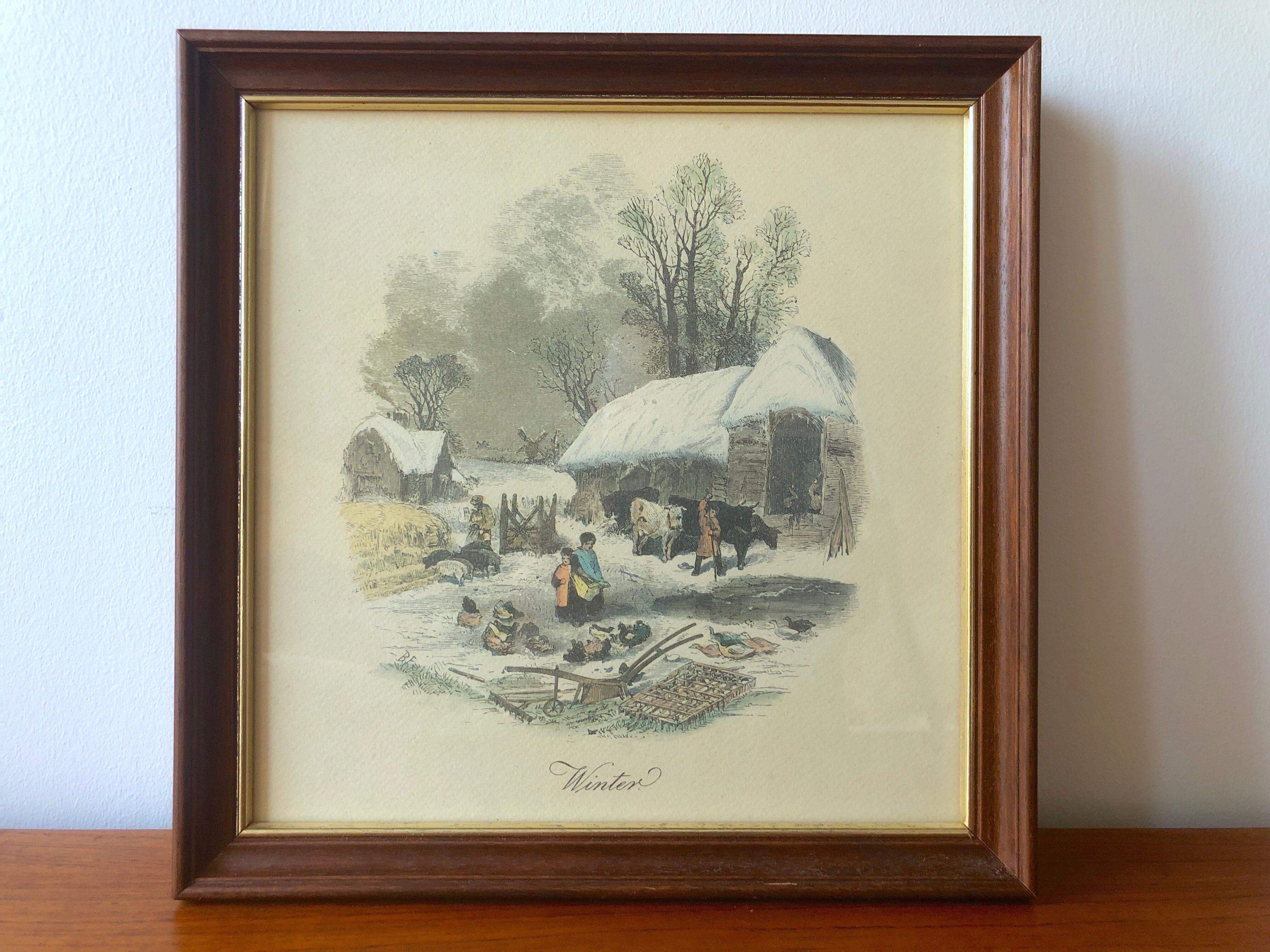 Set of 4 framed antique prints - 4 seasons