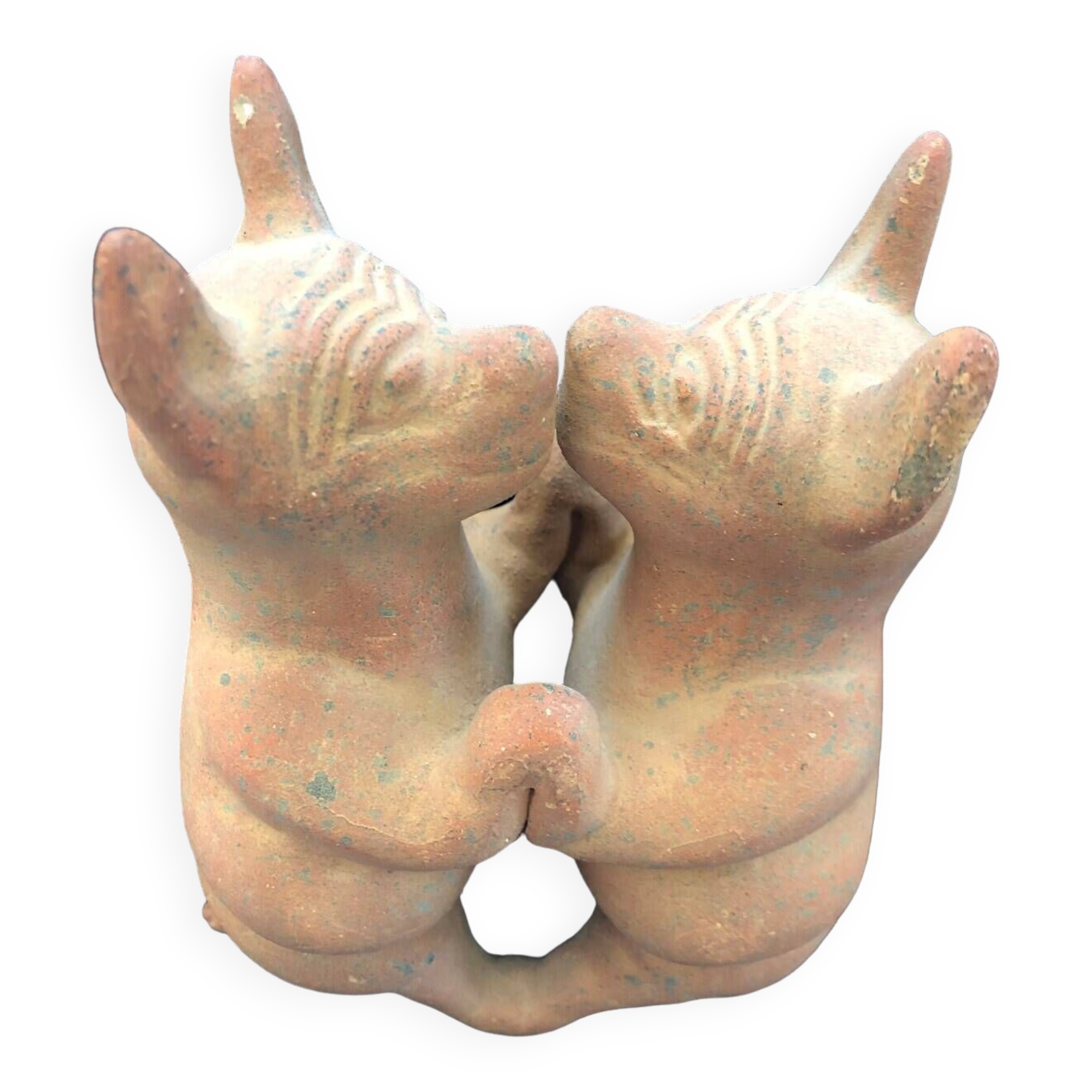 Pre-columbian style terracotta sculpture dancing fat dogs from colima mexico culture