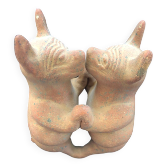 Pre-columbian style terracotta sculpture dancing fat dogs from colima mexico culture