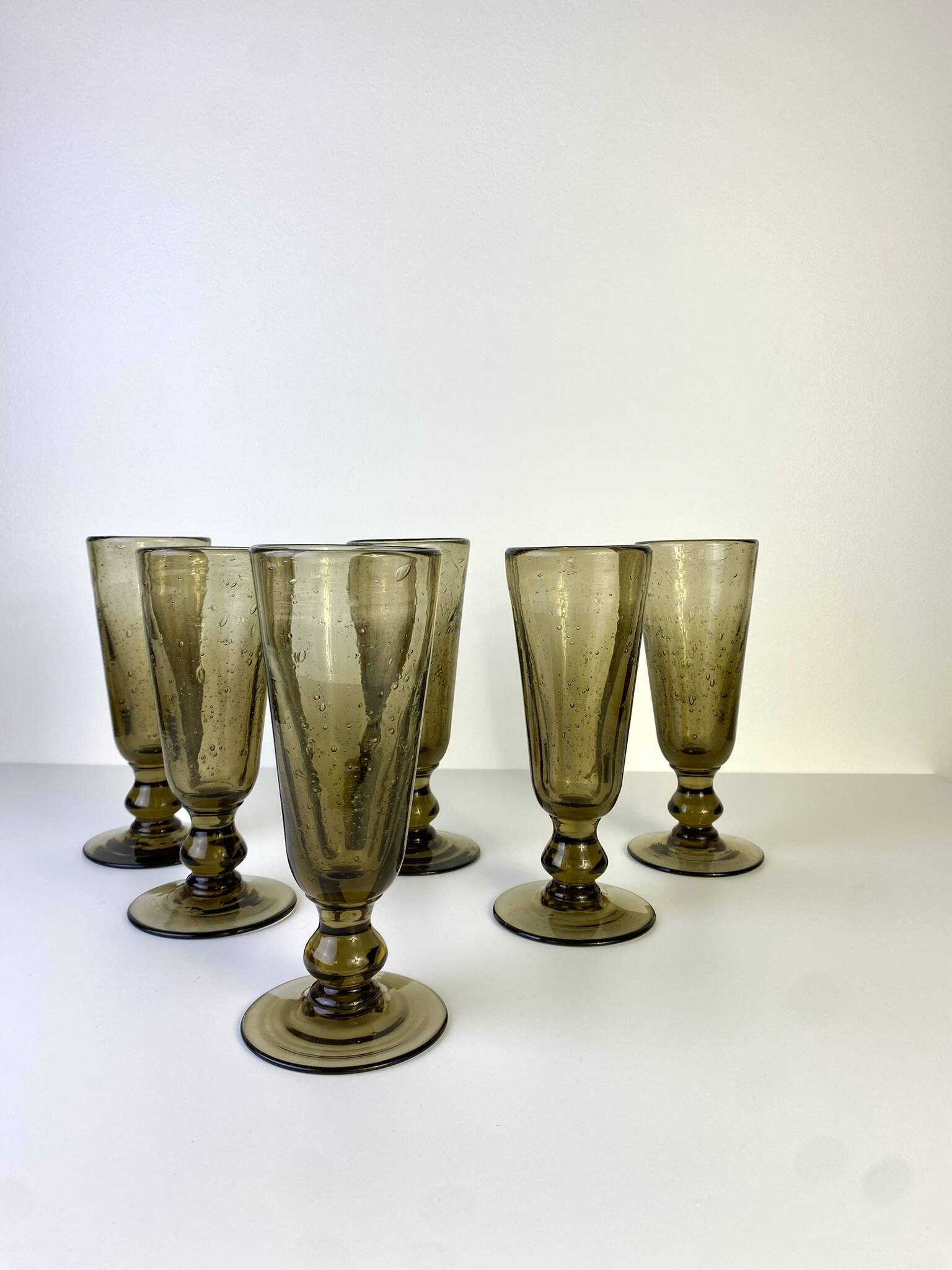 Set of 6 vintage black bubble glass champagne flutes