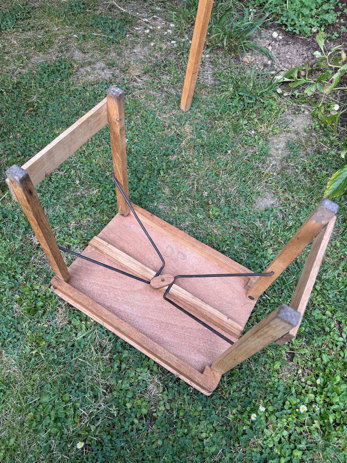 Old suitcase, table and stools, vintage wooden picnic
