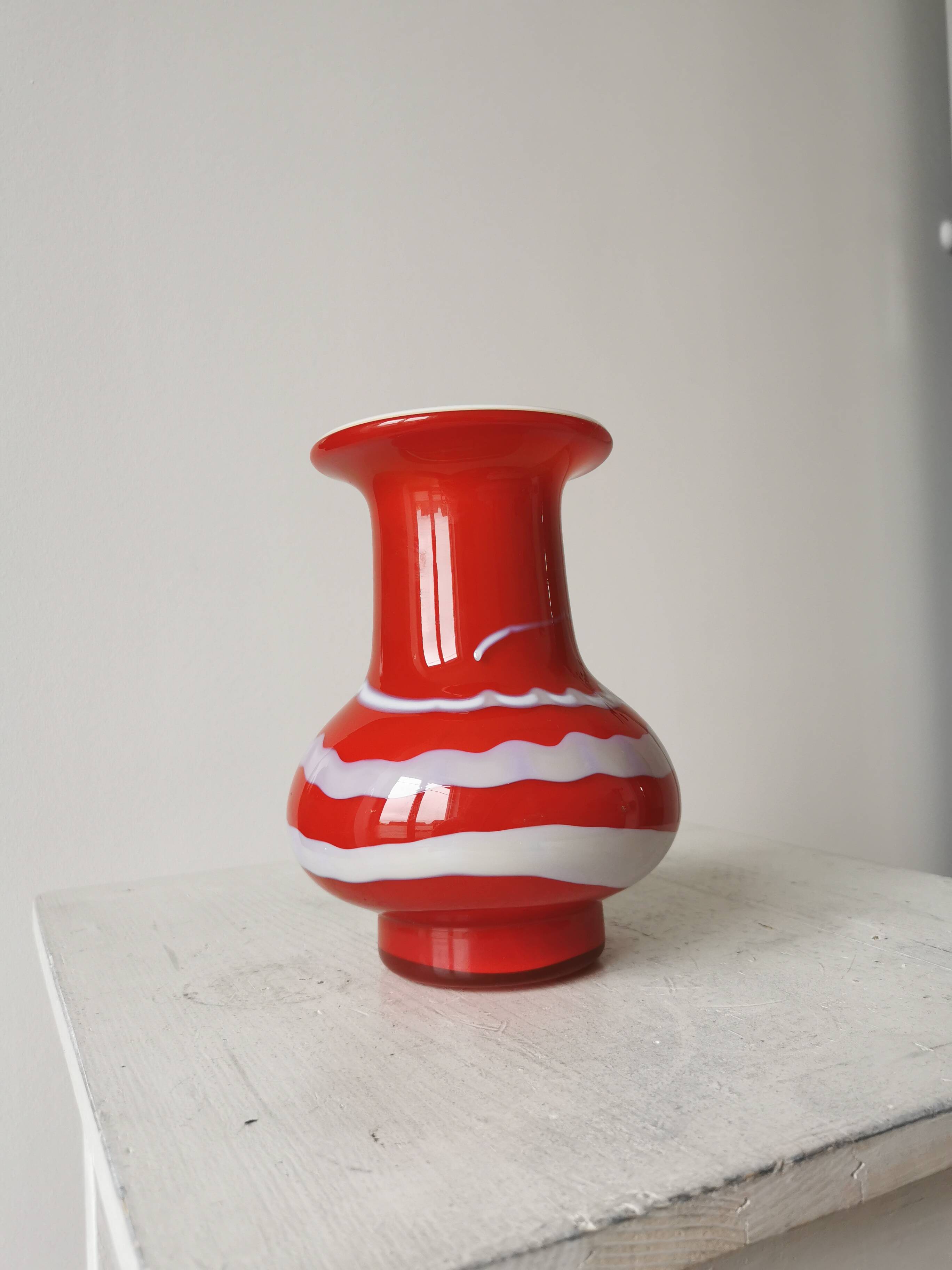 Vintage Murano Glass Vase: Red & White Stripes, 1970s Space Age Decor