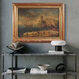 20th century Italian painting of a harbor view