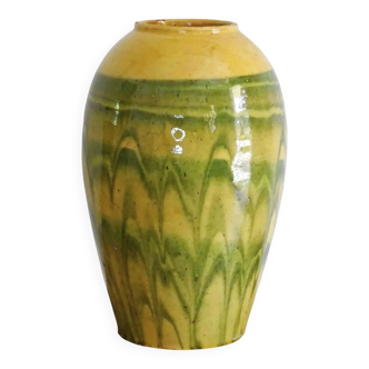 Vase ancien français en terre cuite à glaçure verte et jaune