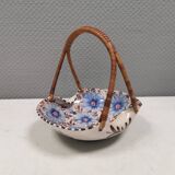Beautiful small painted ceramic basket with woven handle
