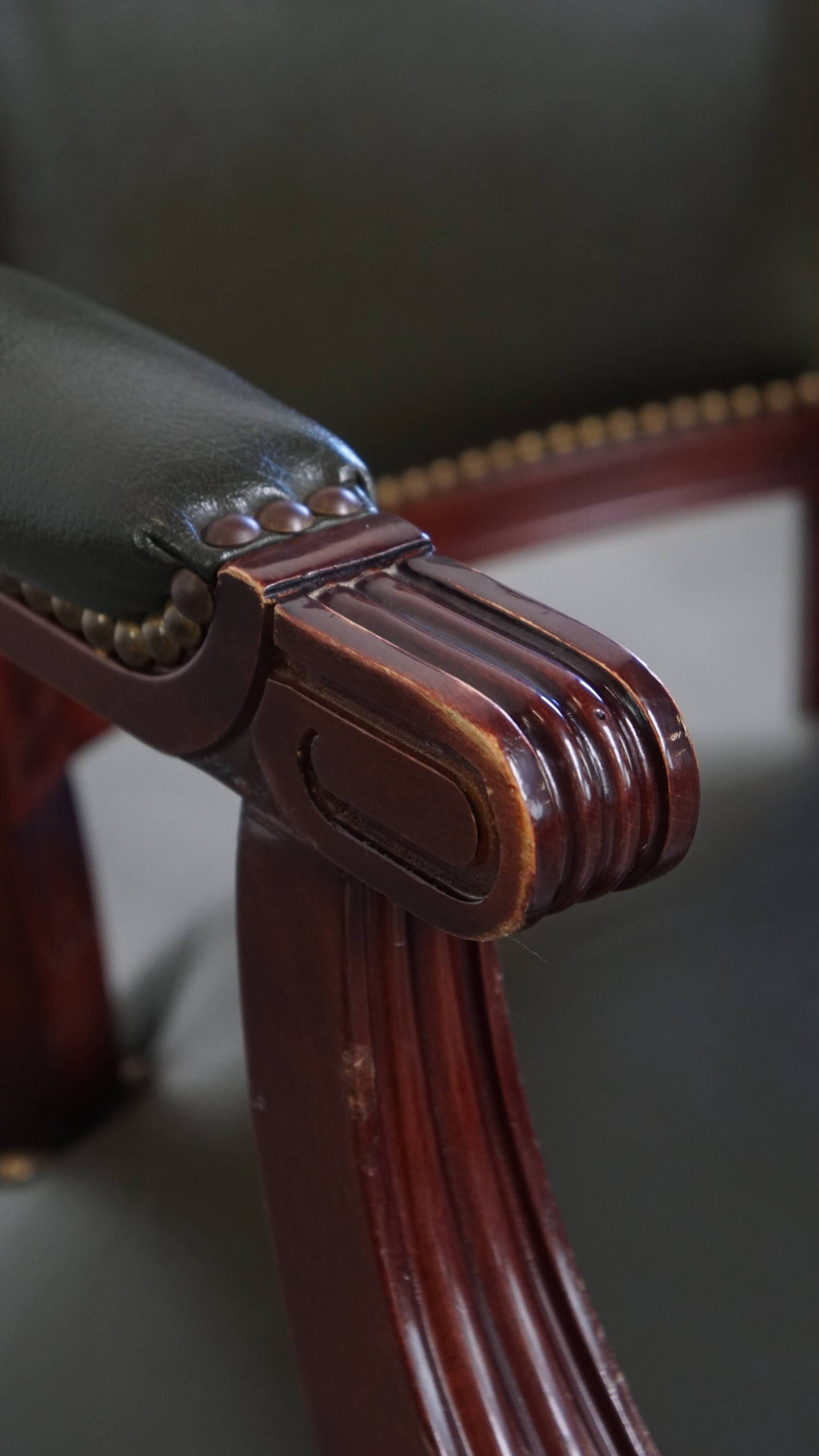 Green Cowhide Leather and Wooden Office Chair in English Style on Casters