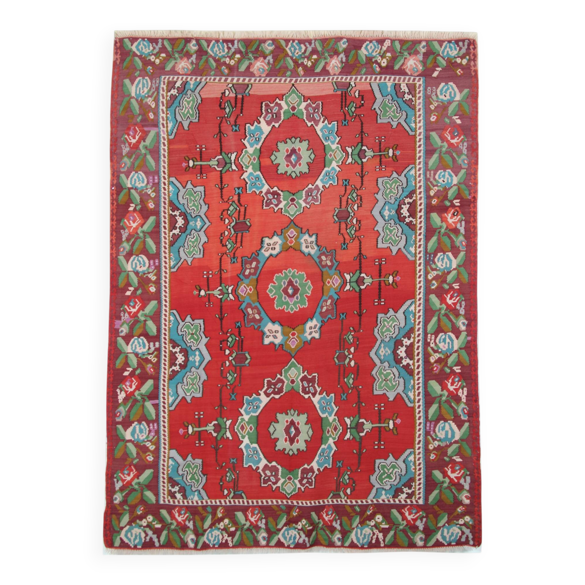Red Floral Kilim Rug, Moldovian Handmade Wool Flatweave 287x207cm