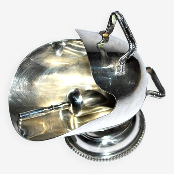 English bucket sugar bowl with its sugar scoop - vintage silverware - silver metal