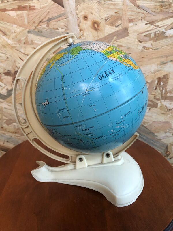 Ancien mappemonde ms globe métal + base bakélite blanc crème vintage