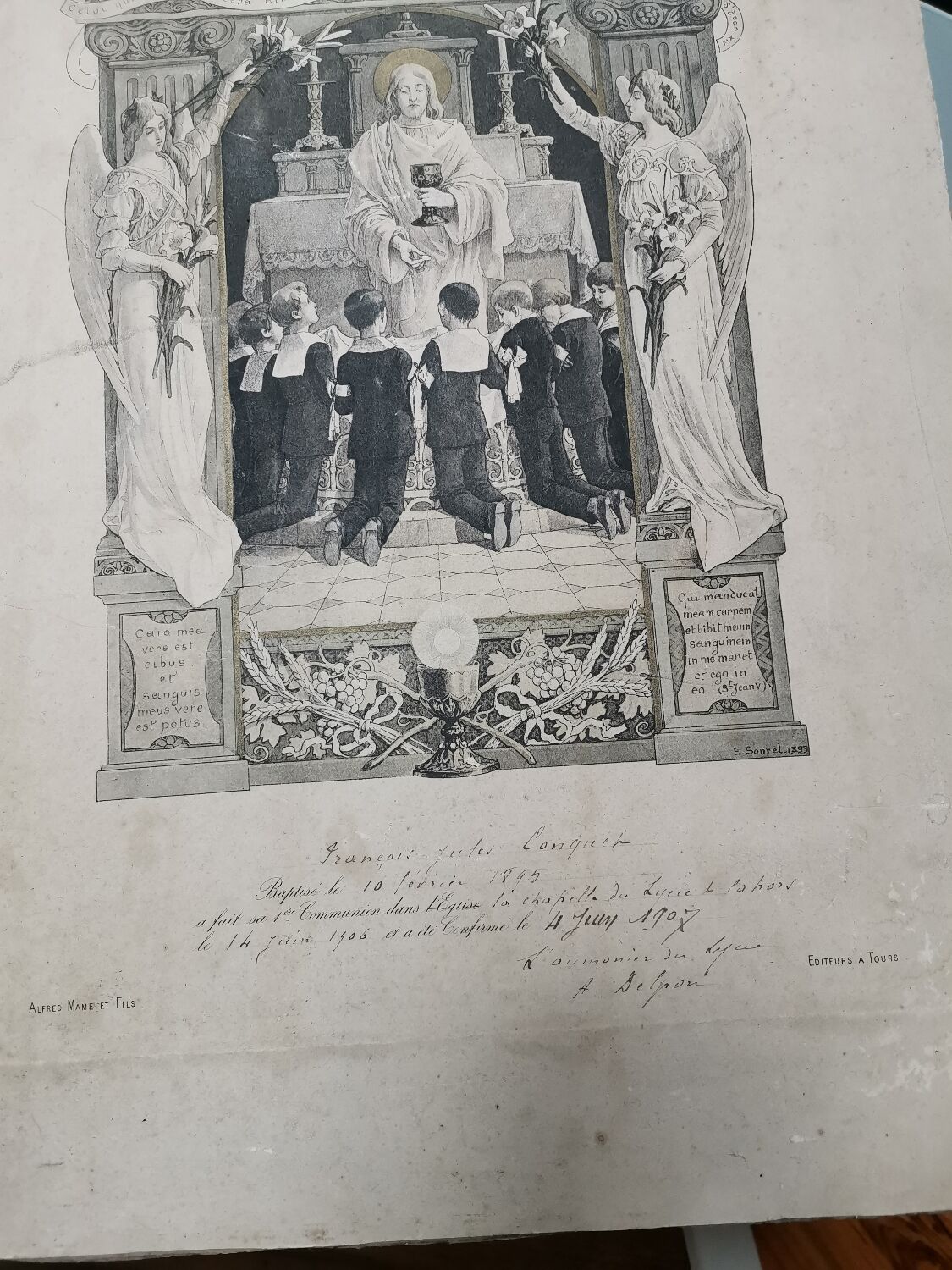 Gravure religieuse dorée, depuis 1900, certificat de baptêmes Vintage