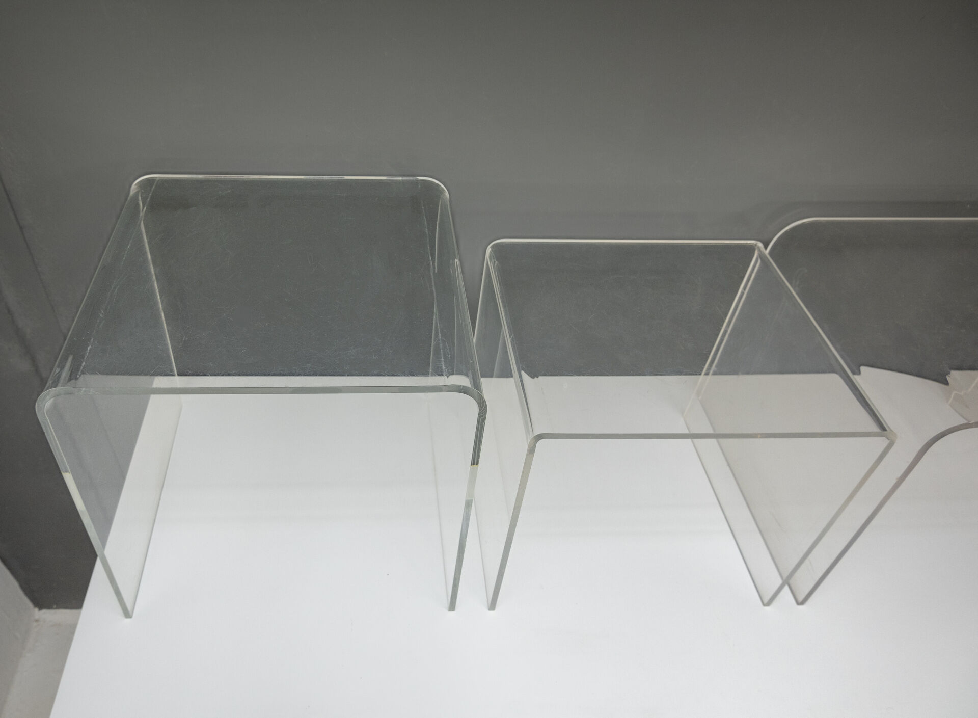6 lucite side tables, France, 1970s