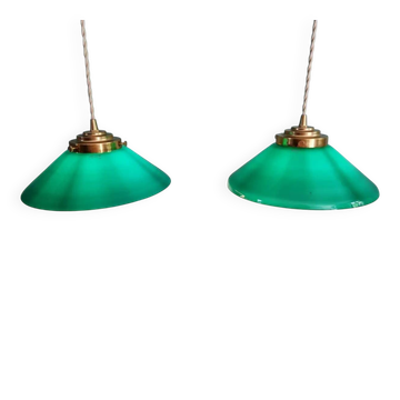 Pair of conical green opaline suspensions, Art Deco style.