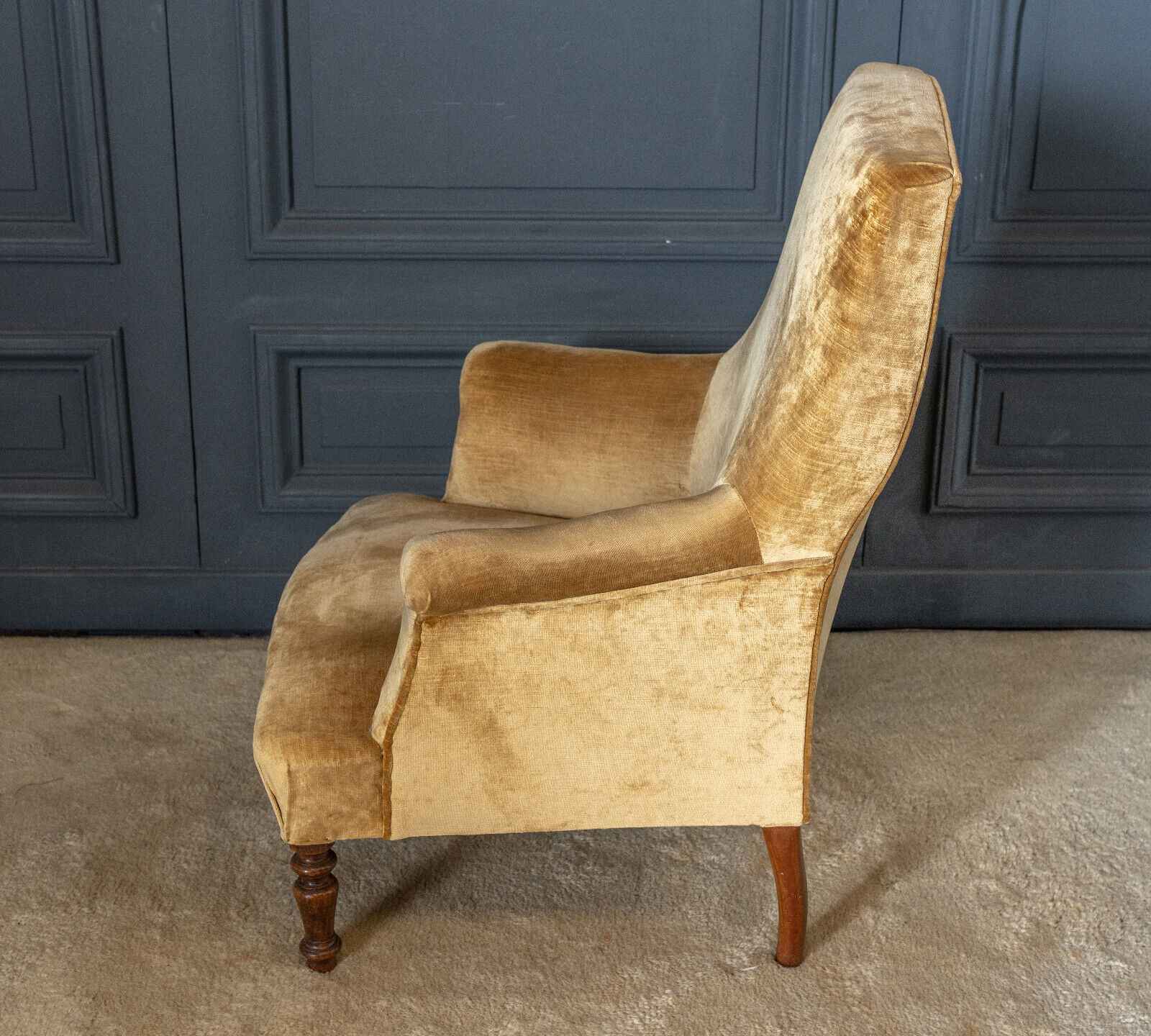 Armchair napoleon iii yellow fabric walnut tops feet late nineteenth