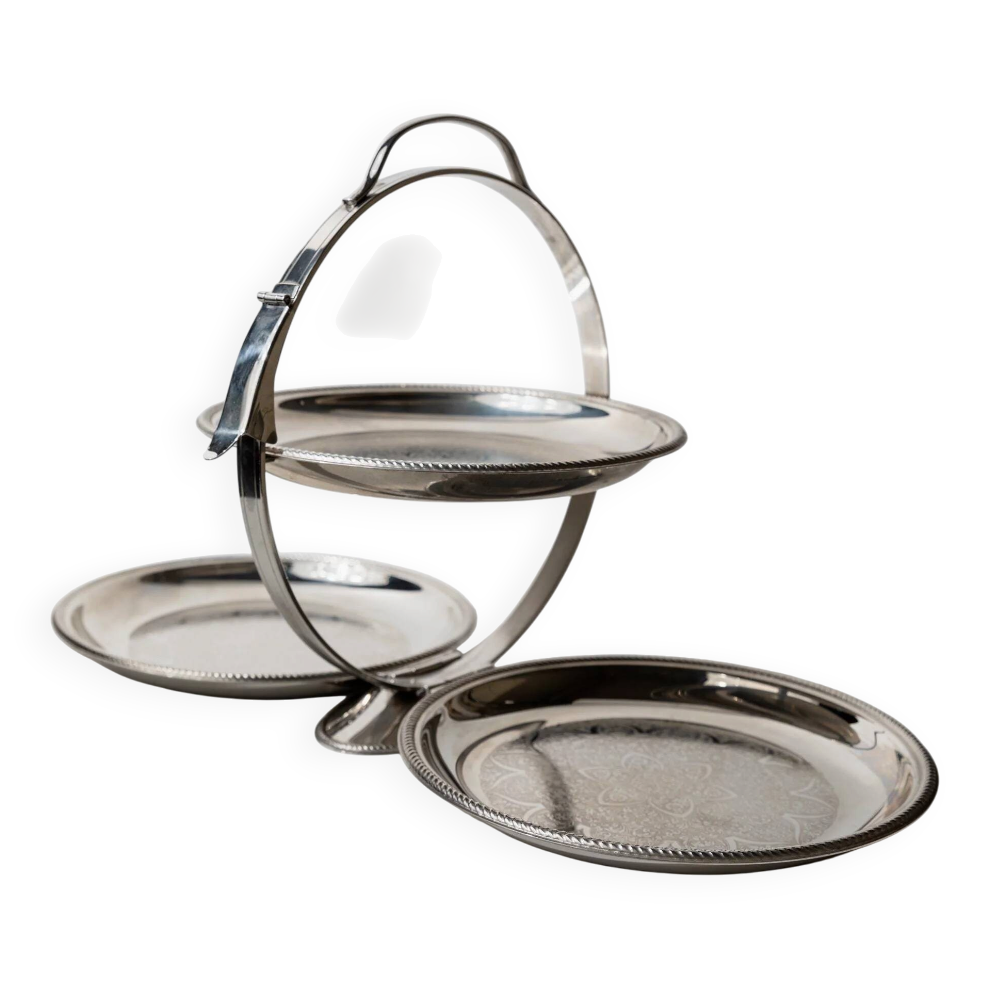 Plateau de service pliant vintage des années 1960, 3 assiettes gravées en acier inoxydable, design Carlo Alessi, série Mercury 898