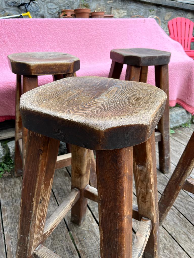 Set of 4 old vintage brutalist fir bar stools