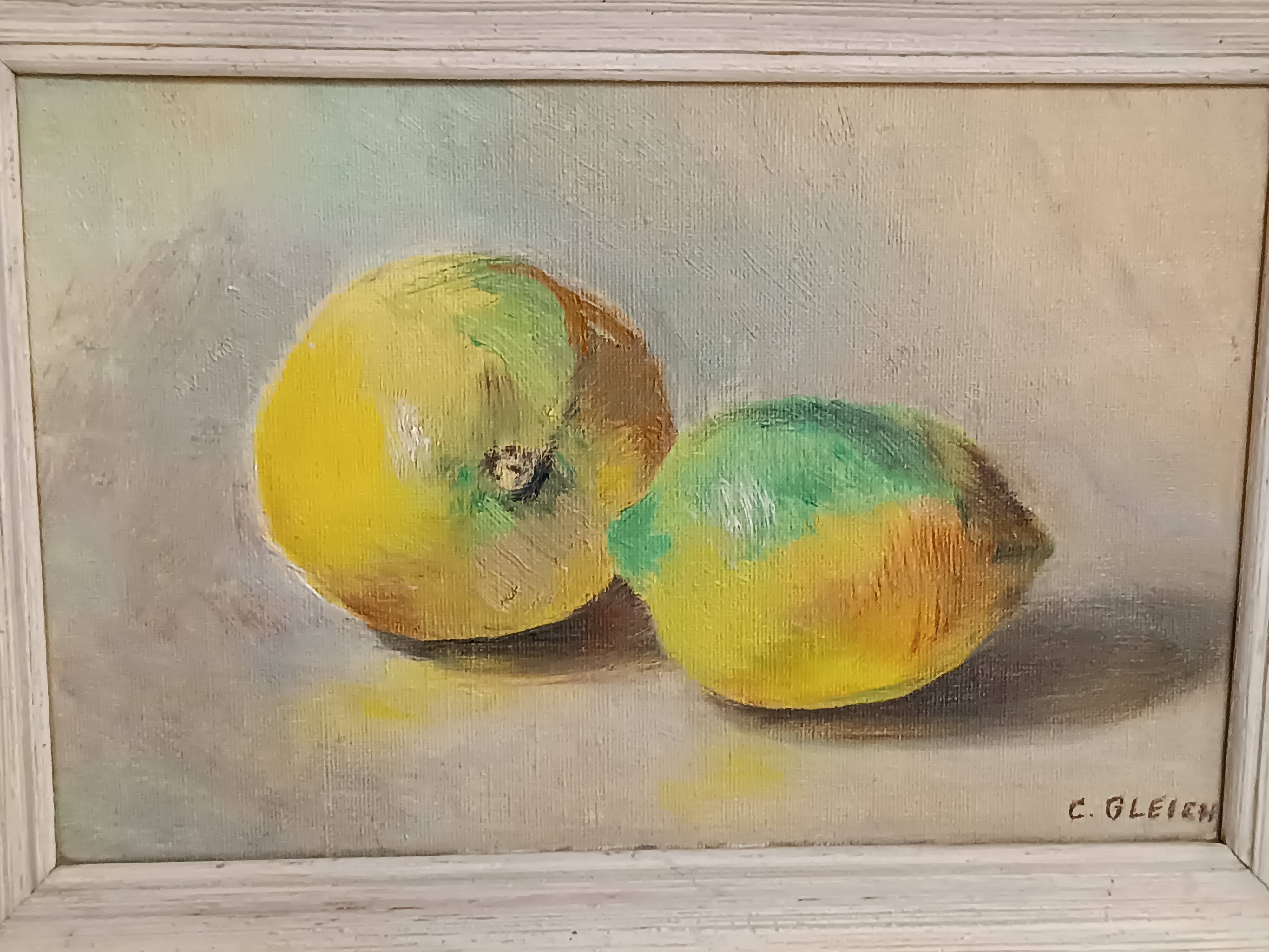 Oil painting still life with two lemons 1960 signed