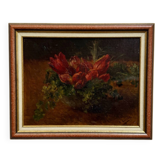 Oil on panel still life with tulips, early 20th century.