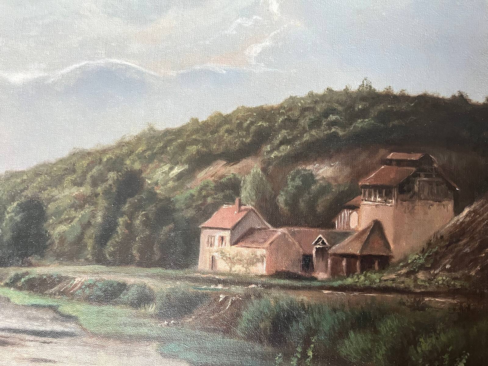Large painting dated 1872 "Landscape with village by the river" signed