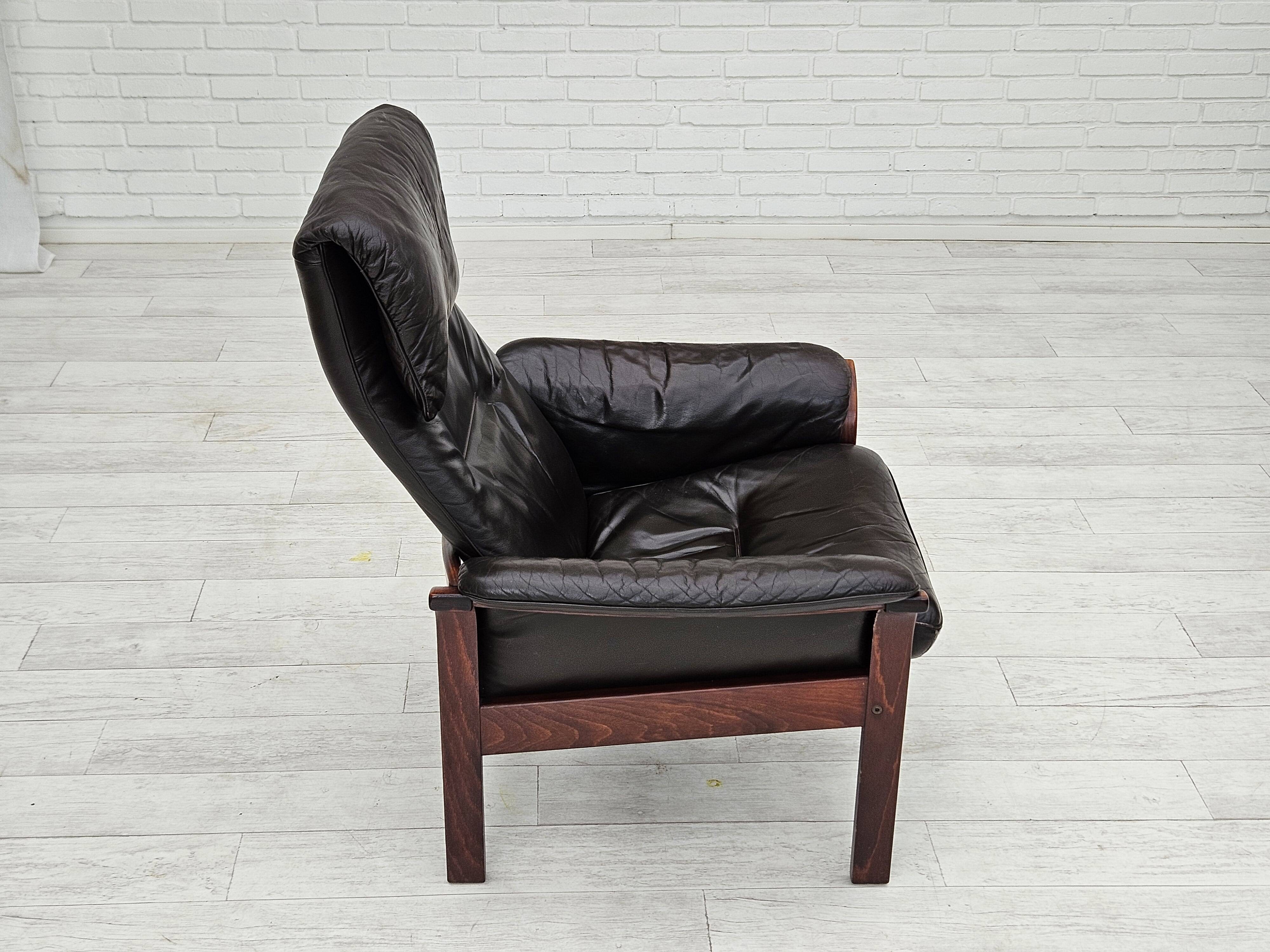 Chaise longue réglable, cuir marron années 1970, design suédois par göte möbler
