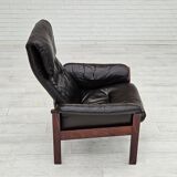 Chaise longue réglable, cuir marron années 1970, design suédois par göte möbler