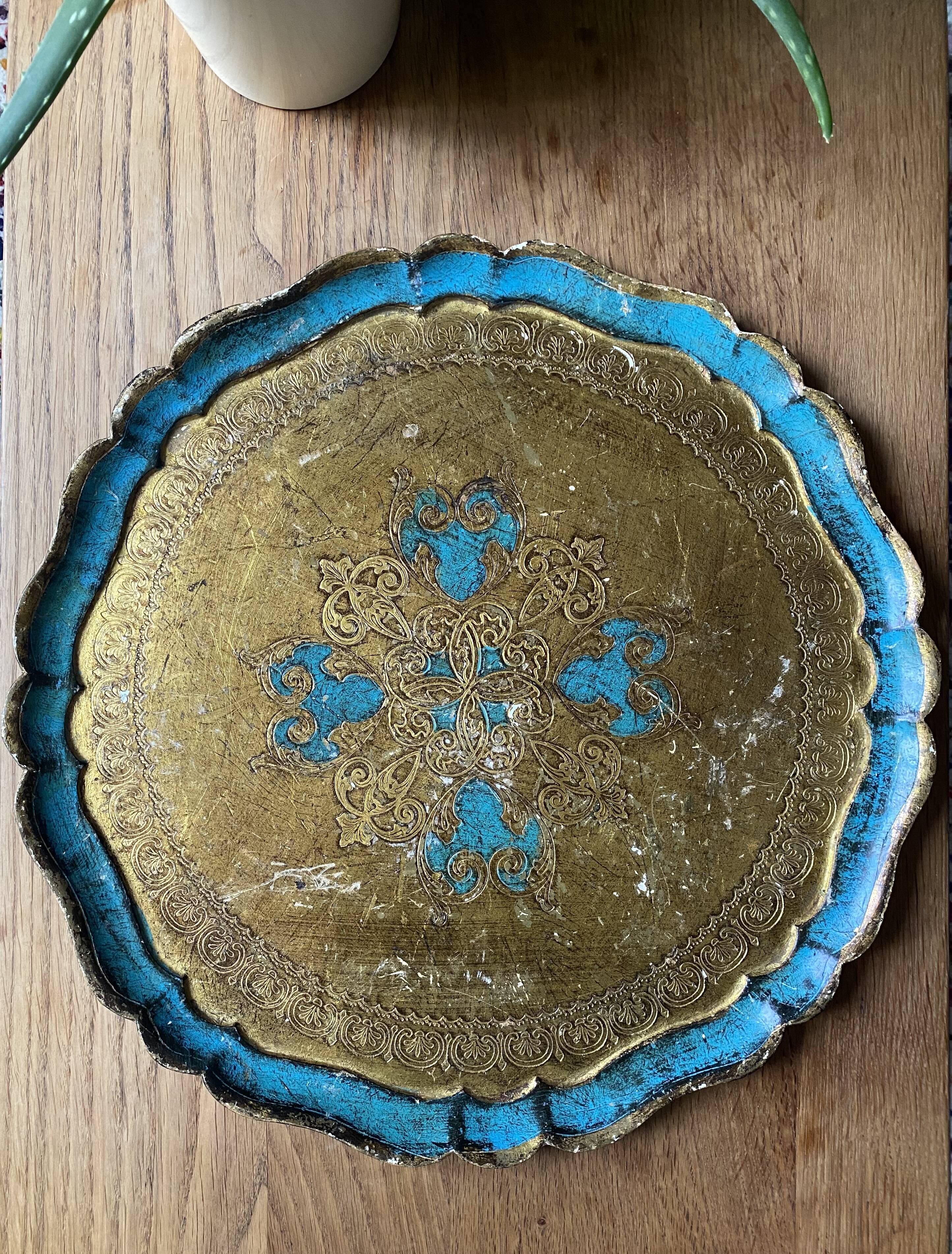 Florentine tray golden and turquoise blue