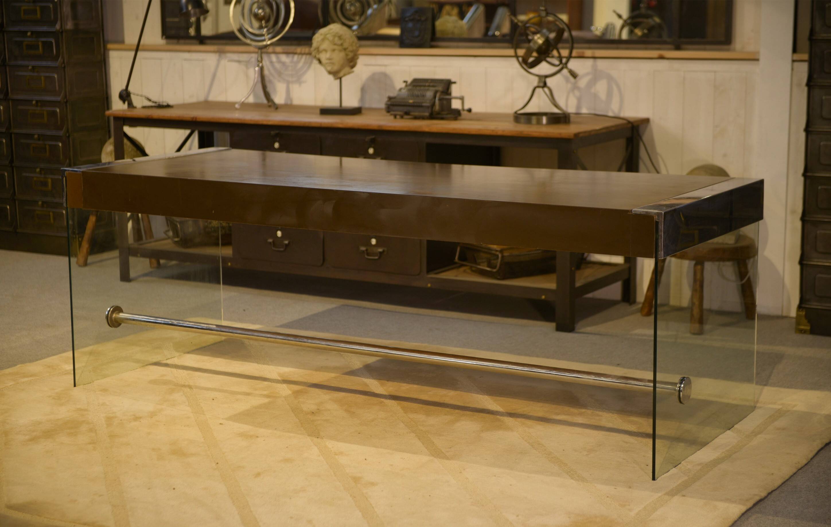 Desk design in melamine, glass and chrome 1980s