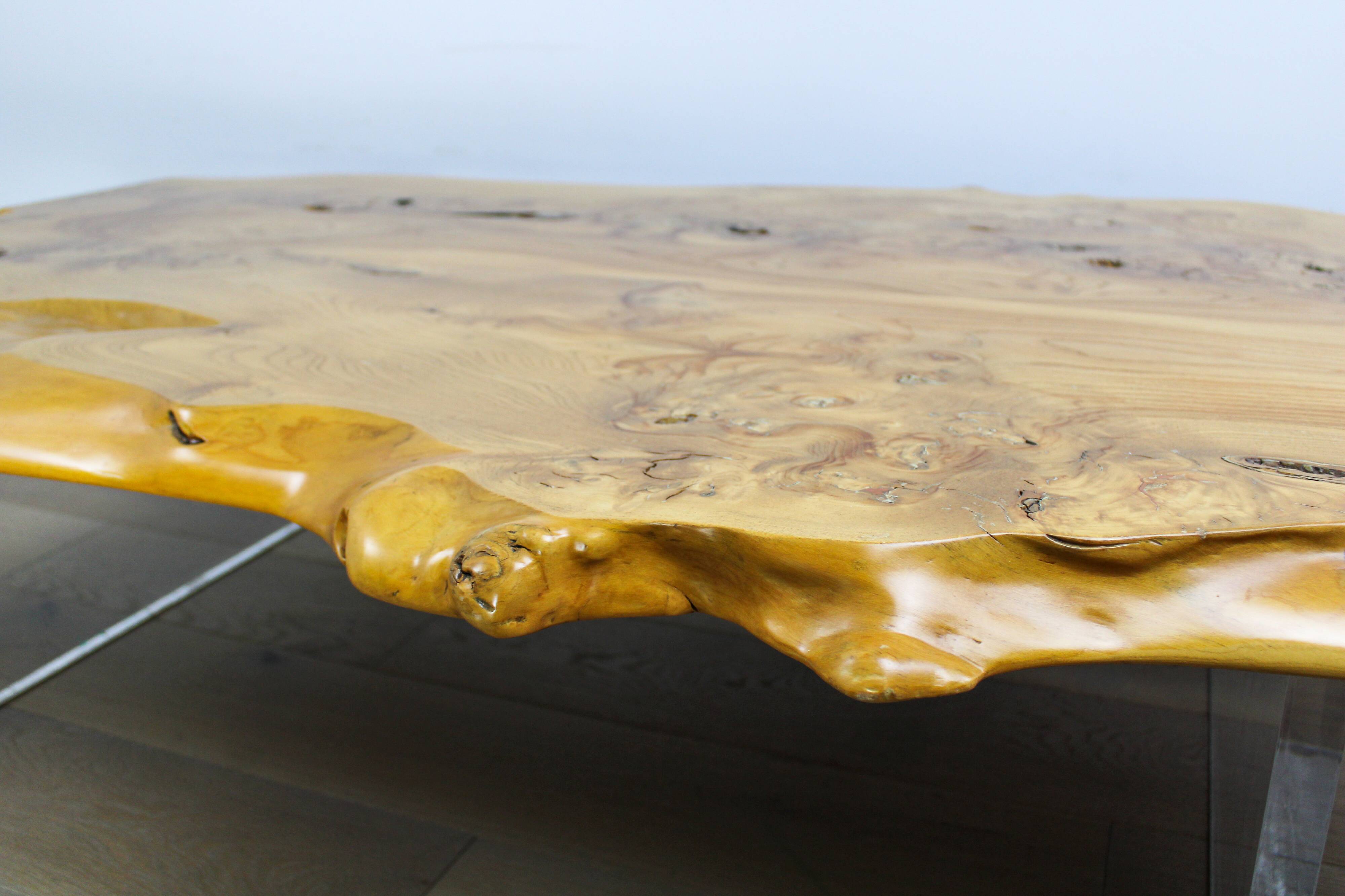 'Floating' mid-century Italian burr elm coffee table on Lucite blocks