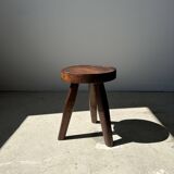 Tripod stool in upcycled teak high hollow - Small tripod stool in solid brown wood seat circ