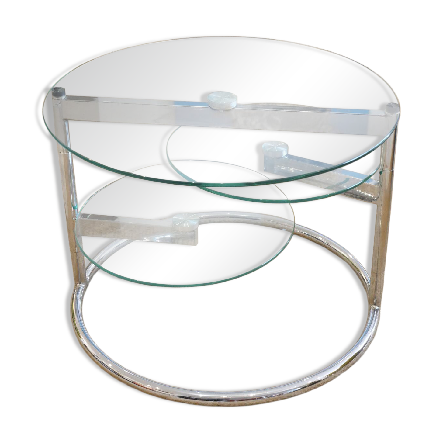 Table basse en verre et métal tubulaire avec plateaux pivotants