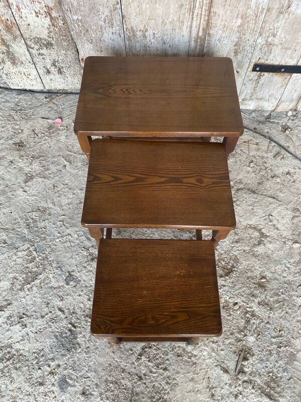 Série De 3 Tables Gigognes Anciennes Bois Tourné Vintage #D937