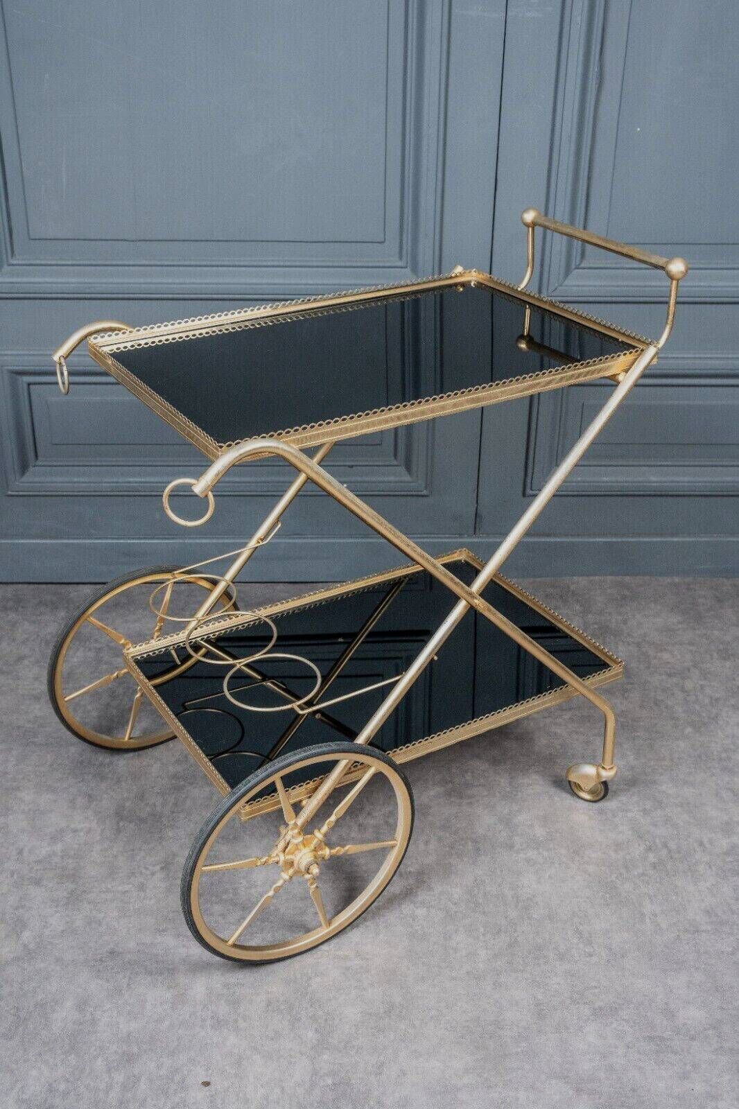 Rolling bar trolley in gold metal and black opaline two trays 1960