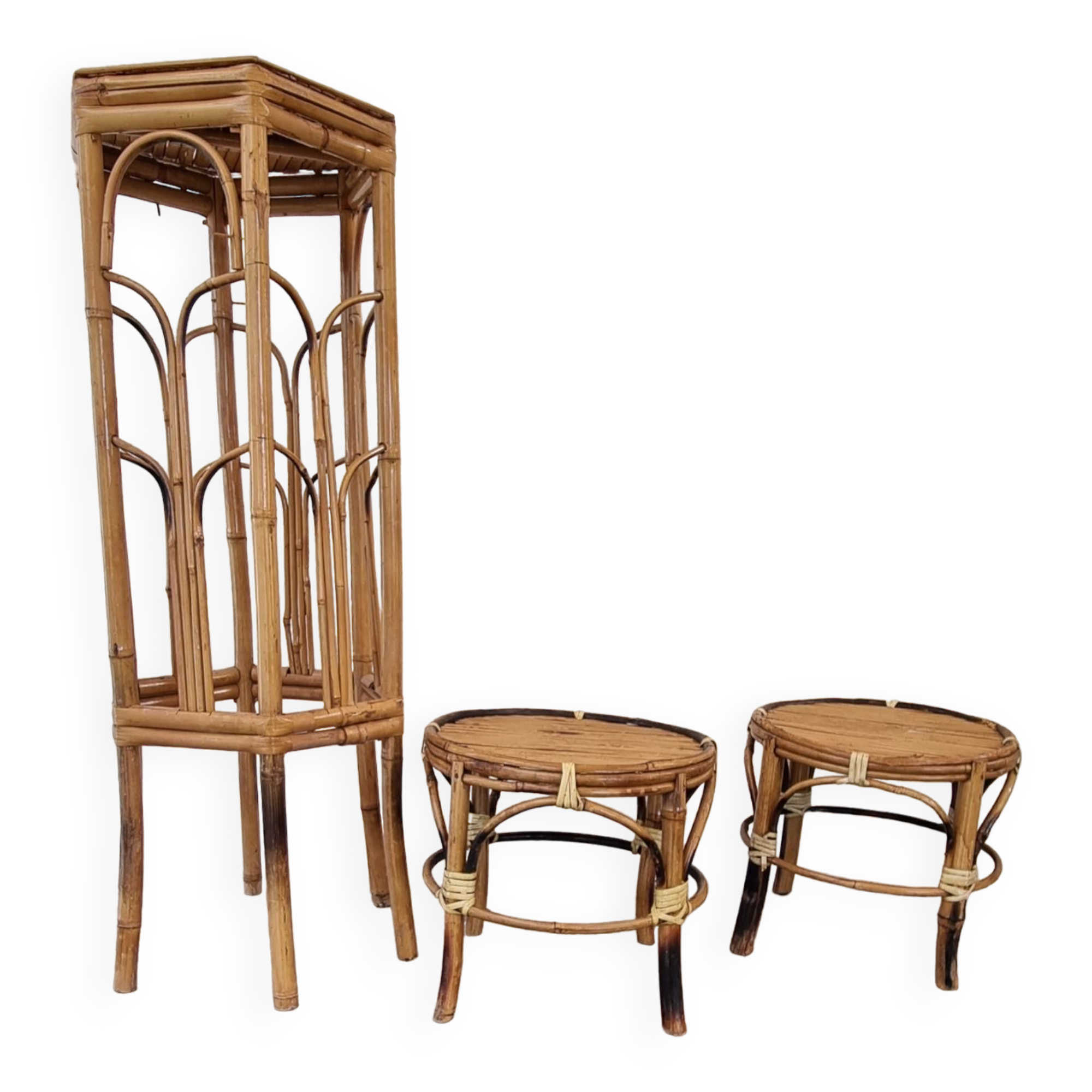Set of bamboo and rattan pedestal tables