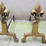 Old brass chenets & fleur de lys cast iron