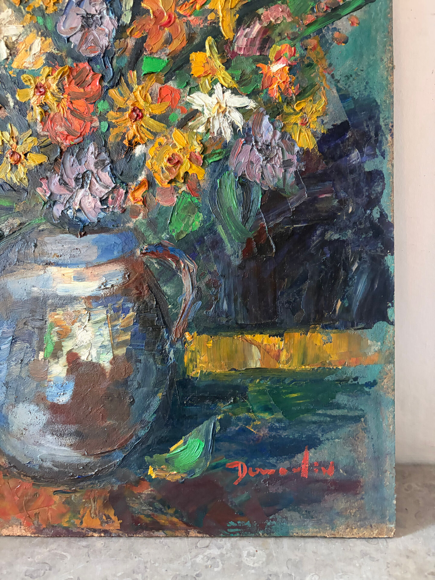 Still life, bouquet, oil with a knife on panel, signed.