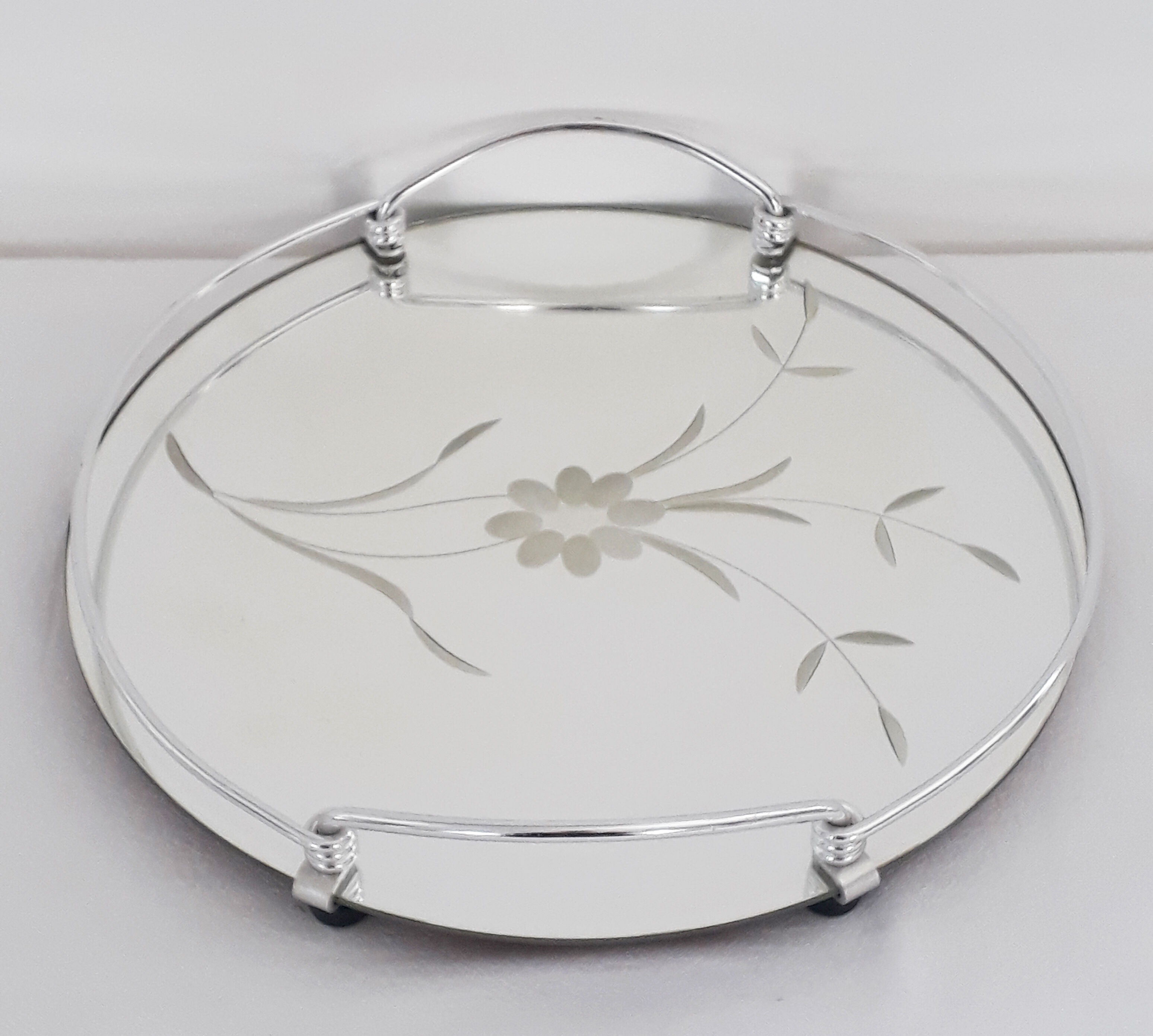 Plateau miroir vintage art déco gravure florale