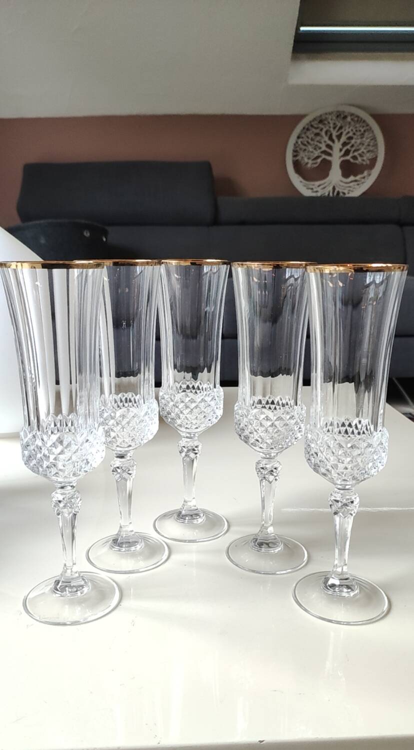 Lot of 6 x Champagne Flutes crystal/Valencay Gold/Crystal d'Arques