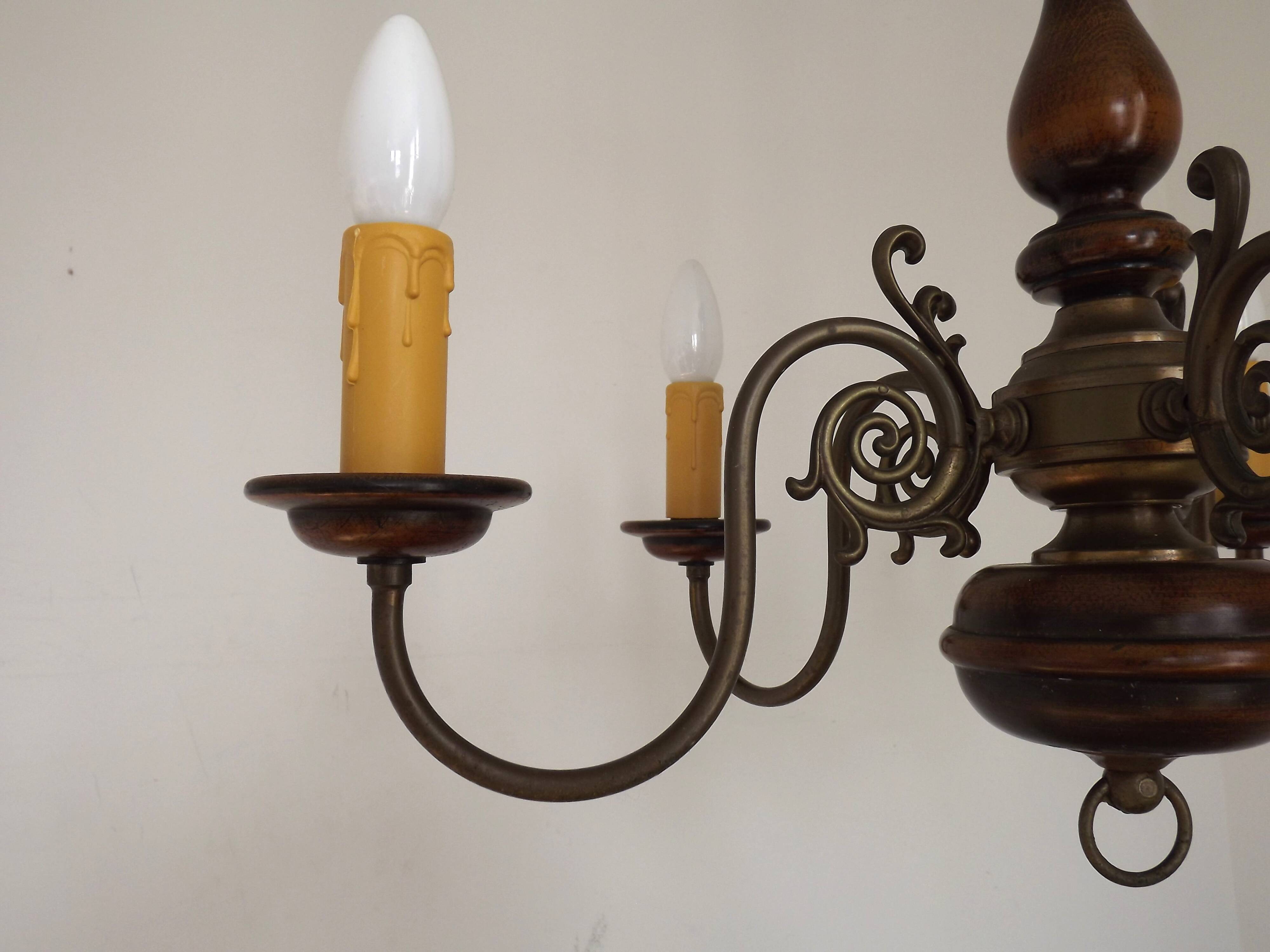 French Vintage 5 Light Mid Century Chandelier in Wood, Bronze and Metal 5525