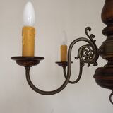 French Vintage 5 Light Mid Century Chandelier in Wood, Bronze and Metal 5525