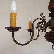 French Vintage 5 Light Mid Century Chandelier in Wood, Bronze and Metal 5525