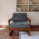 Scandinavian armchair in teak Komfor, blue-grey fabric, 1960s, sled base (2 available)