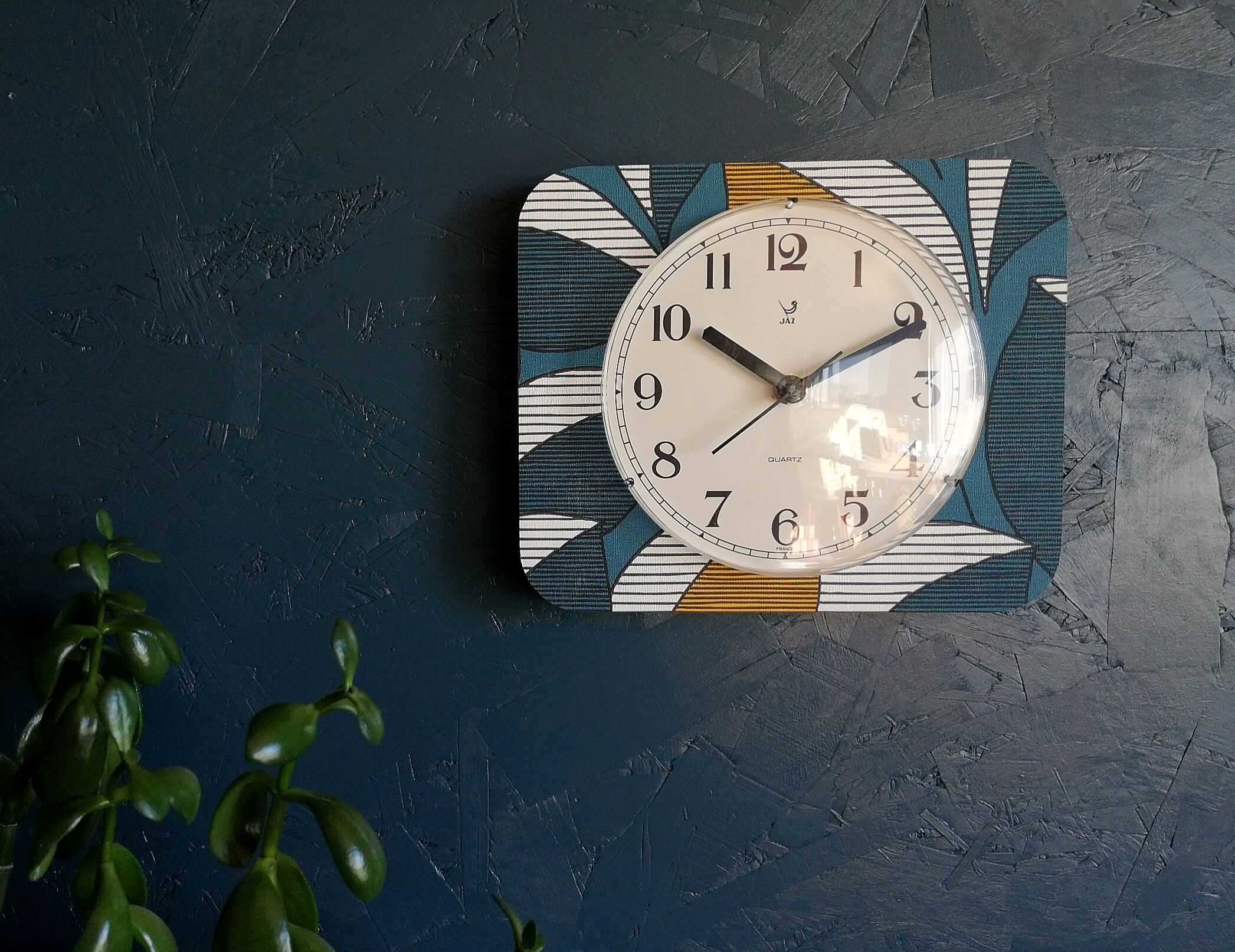 Vintage clock rectangular silent wall clock "Jaz blue white ochre"