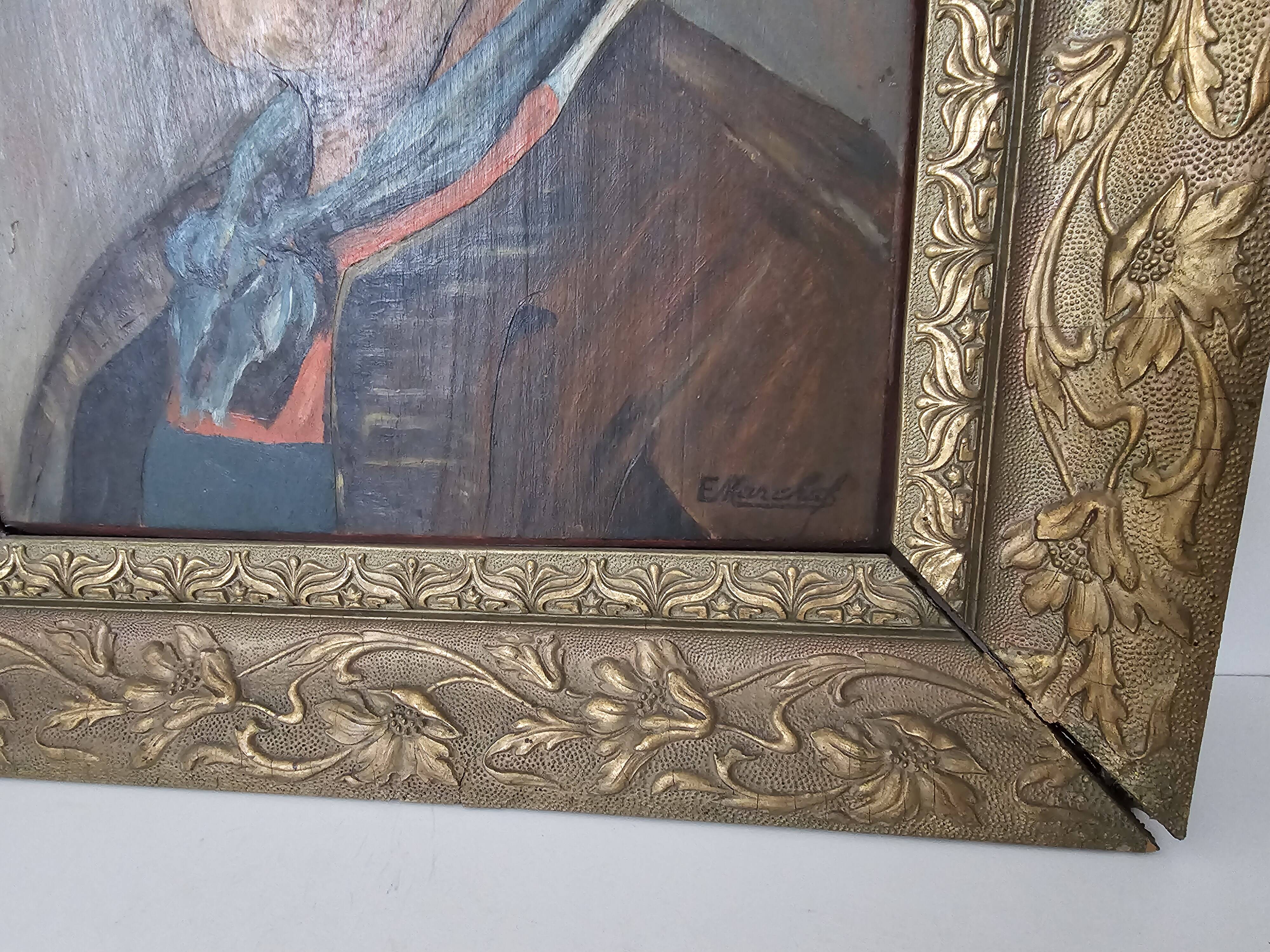 Oil painting on panel, The Mustachioed Man in a Hat, Signed E. Marchal