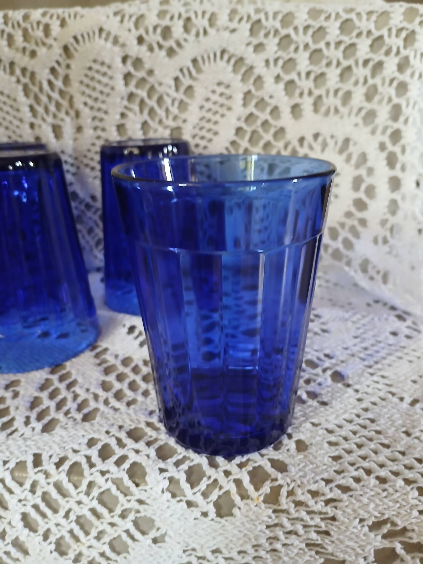 9 antique cobalt blue water glasses