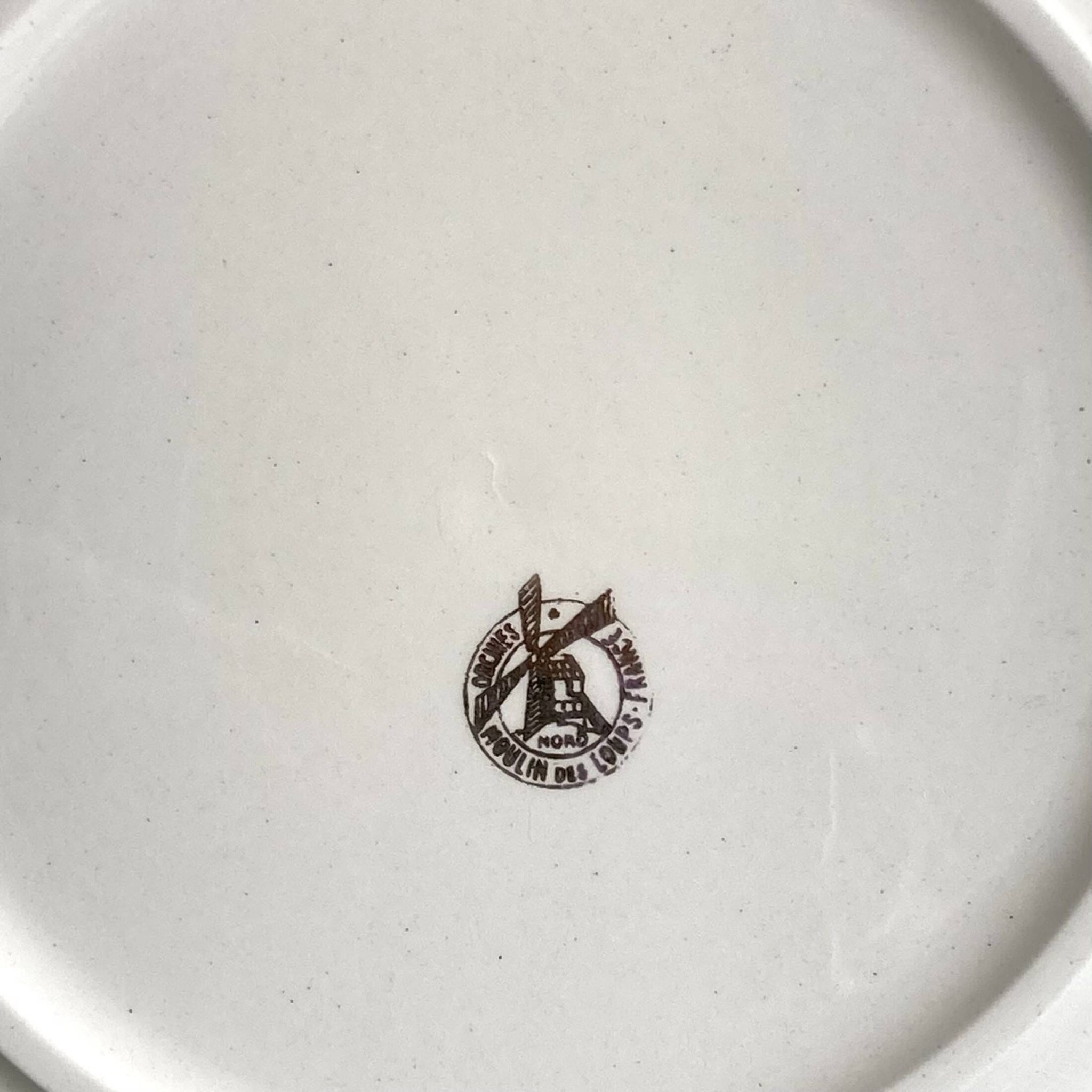 Set of 6 flat white and gold plates in old earthenware Moulin des loups vintage dishes
