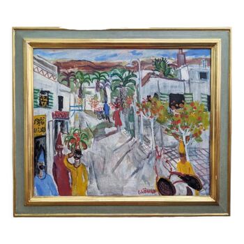 Mid-Century Modern "Shophouses" Swedish Vintage Street Scene Landscape Oil Painting, Framed