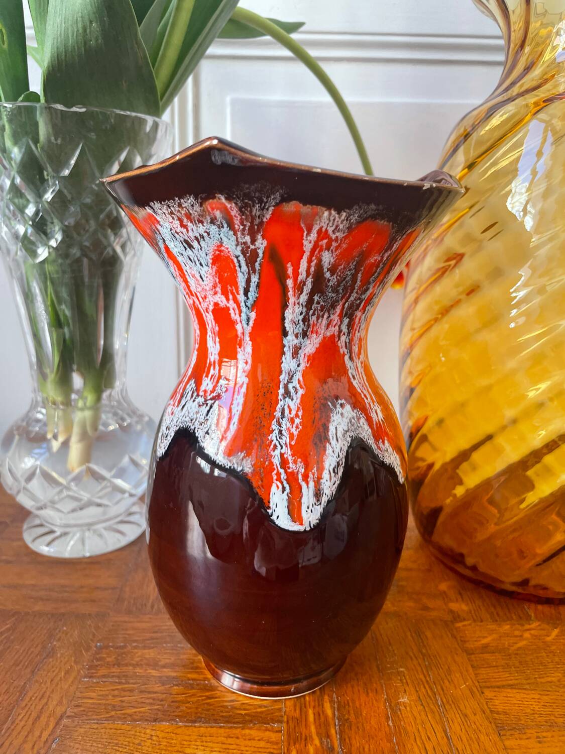 Vallauris vase in brown and orange fat lava