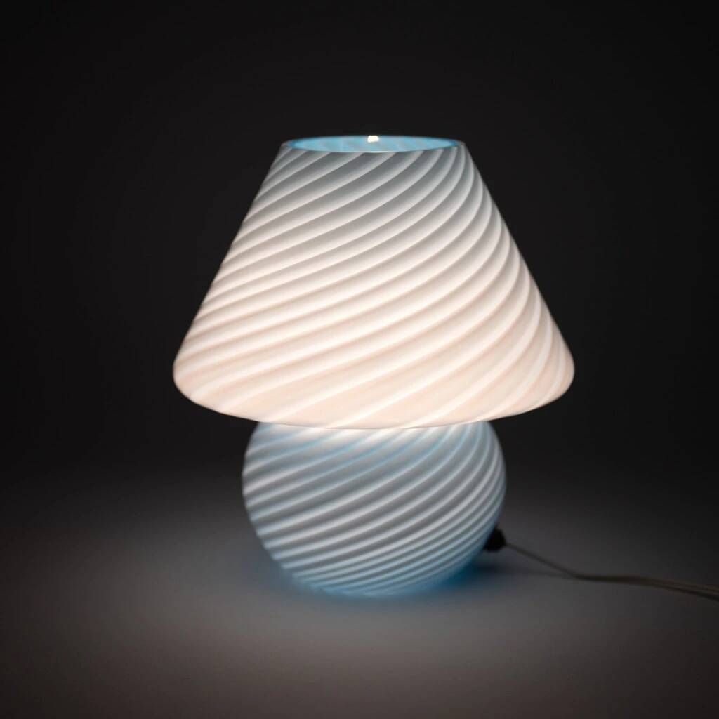 Murano glass lamp in the shape of a mushroom made using the swirling technique of mouth blown glass.