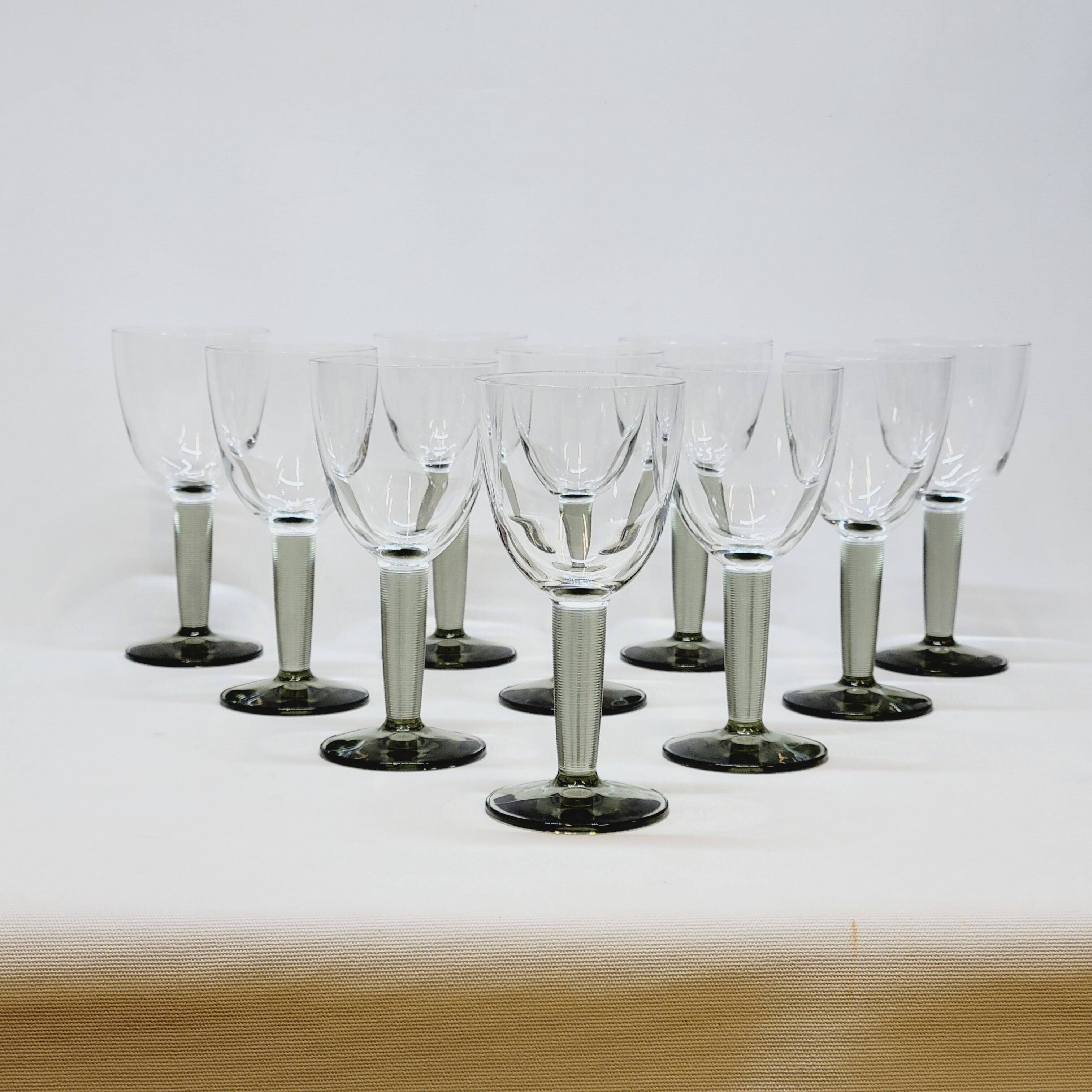 10 Bormioli Rocco Vintage Crystal Wine Glasses with Grooved Grey Stem